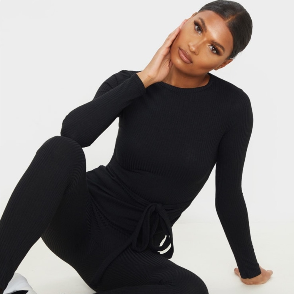 Black Belted Longline Rib Lounge Set